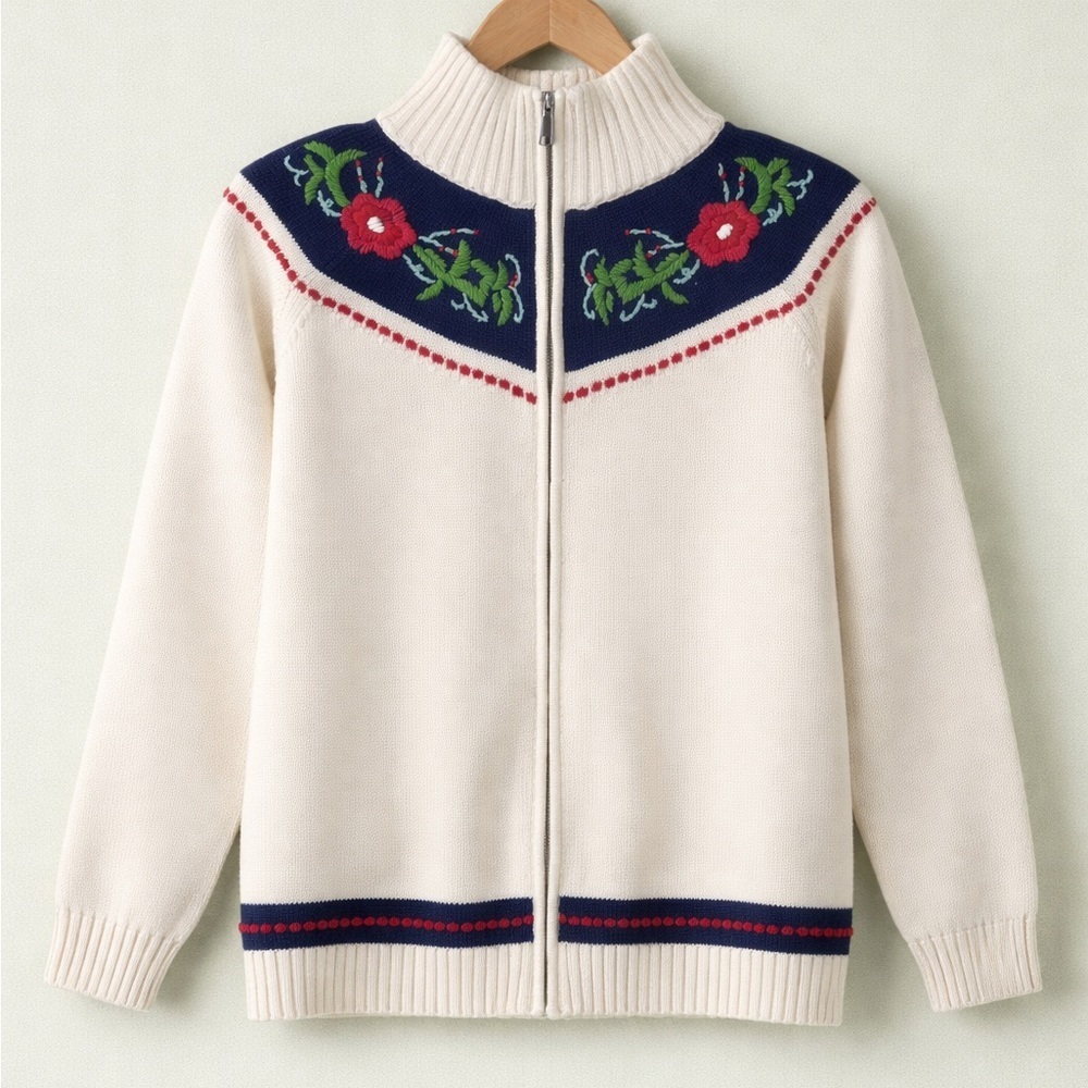 Floral Embroidered Cotton Cardigan Zip Up Talbots Medium